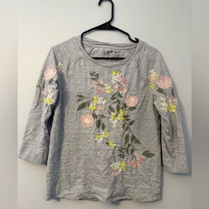 LOFT Light Gray Floral Embroidered Scoop Neck Top